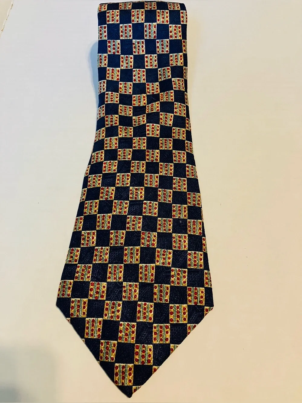 Ralph Lauren Navy Patterned Silk Tie - Blue and Gold geometric